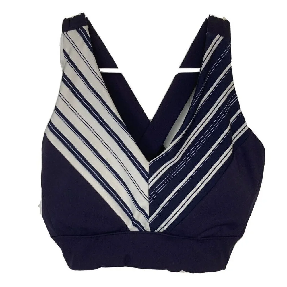 Enavant Sport Calypso Sports Bra Med Blue White Stripe Wide Criss Cross Straps - Picture 1 of 7
